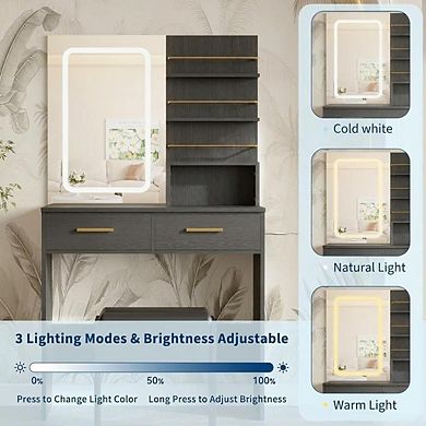 Vanity Set with Adjustable LED Lights, Drawers, Shelves & Charging