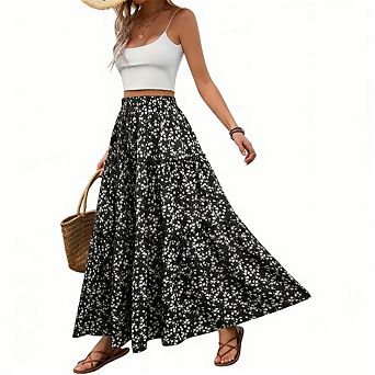 Women's Floral Print High Waist Tiered Maxi Skirt Casual Flowy A Line Long Skirt