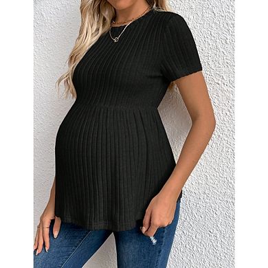 Women's Maternity Ruffle Hem Short Sleeve Crewneck Ribbed Knit Peplum Tee Tops