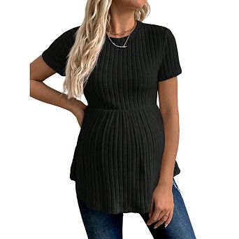 Women's Maternity Ruffle Hem Short Sleeve Crewneck Ribbed Knit Peplum Tee Tops