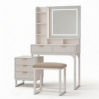 White Fluted Vanity with LED Mirror, 5 Drawers, Shelves, Stool & Side Cabinet