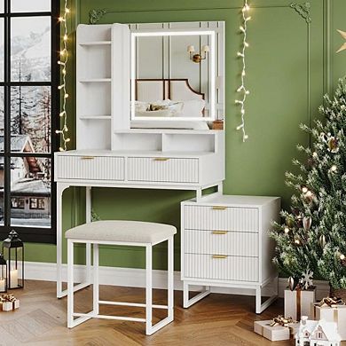 White Fluted Vanity with LED Mirror, 5 Drawers, Shelves, Stool & Side Cabinet