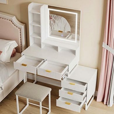 White Fluted Vanity with LED Mirror, 5 Drawers, Shelves, Stool & Side Cabinet