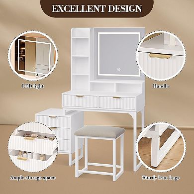White Fluted Vanity with LED Mirror, 5 Drawers, Shelves, Stool & Side Cabinet