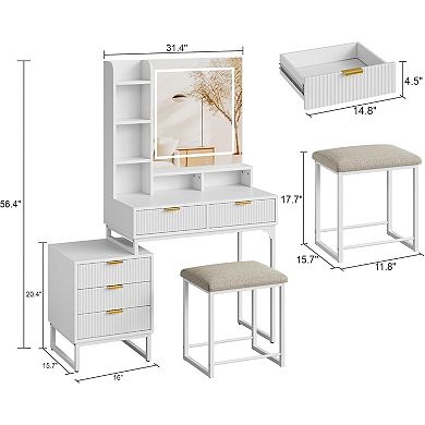White Fluted Vanity with LED Mirror, 5 Drawers, Shelves, Stool & Side Cabinet