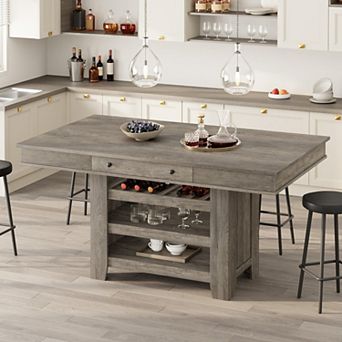 60-Inch Kitchen Island with Storage, Farmhouse 4 tier Stationary Island Table with Large Countertop