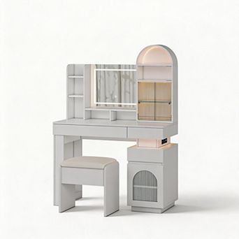 Arched Vanity Desk with LED Mirror, 3 Drawers, 11 Shelves & Stool