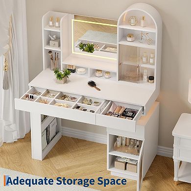 Arched Vanity Desk with LED Mirror, 3 Drawers, 11 Shelves & Stool