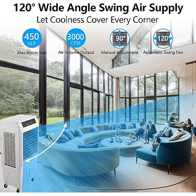 Evaporative Air Cooler, 3000CFM Swamp Cooler with Remote,4 Ice Packs,10.3 Gallon Portable Cooler