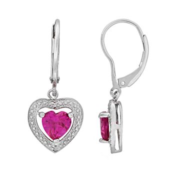 Stella Grace Sterling Silver Lab-Created Pink Sapphire and Diamond Accent Heart Drop Earrings