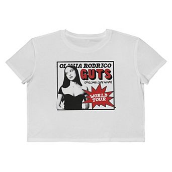 Juniors' Olivia Rodrigo Guts Spilling Live Now World Tour Boxy Cropped Graphic Tee
