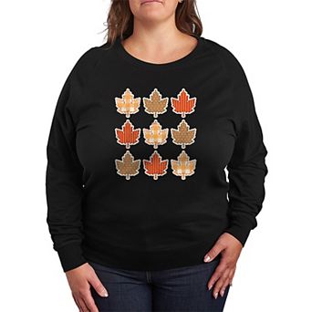 Plus Size Fall Leaves Pattern Grid French Terry Long Sleeve Tee
