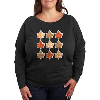 Plus Size Fall Leaves Pattern Grid French Terry Long Sleeve Tee