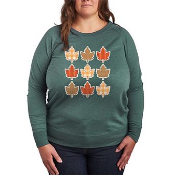 Plus Size Fall Leaves Pattern Grid French Terry Long Sleeve Tee