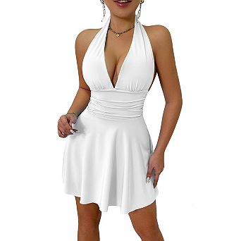 Women's Deep V Neck Halter Neck Ruched Waist Skater Dress Open Back A-Line Dress