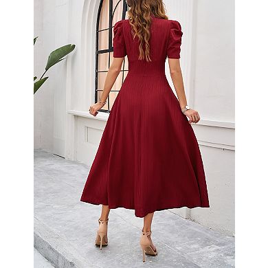 Women's V Neck High Waist Short Sleeve Midi Dress