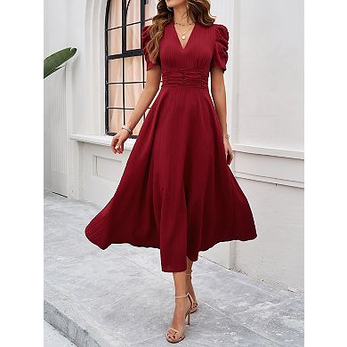 Women's V Neck High Waist Short Sleeve Midi Dress