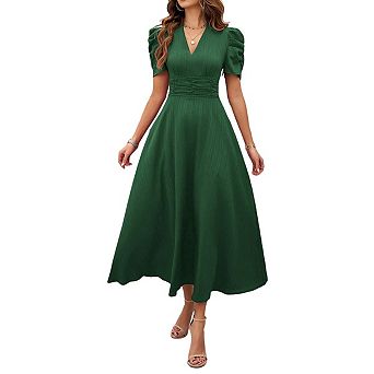 Women's High Waist Short Sleeve V Neck Midi Dress