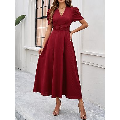 Women's V-Neck High Waist Short Sleeve Midi Dress