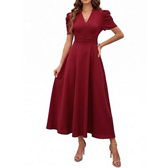 Women's V-Neck High Waist Short Sleeve Midi Dress