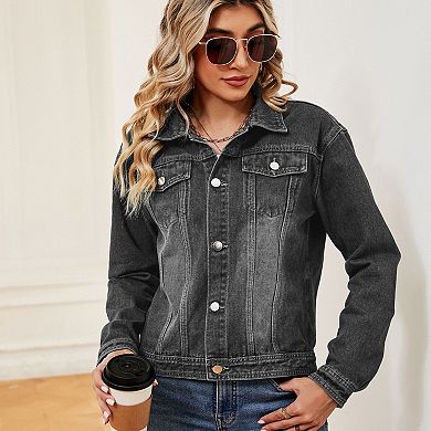 Women's Denim Jacket Long Sleeves Button Down Casual Jean Jacket with Pockets