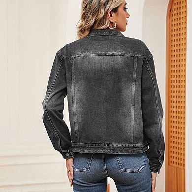 Women's Denim Jacket Long Sleeves Button Down Casual Jean Jacket with Pockets