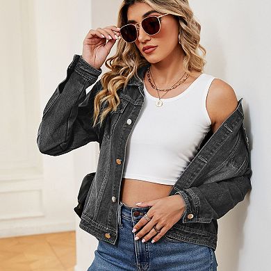 Women's Denim Jacket Long Sleeves Button Down Casual Jean Jacket with Pockets