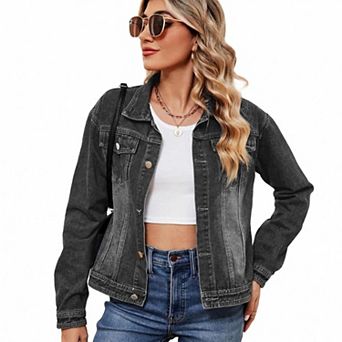 Women's Denim Jacket Long Sleeves Button Down Casual Jean Jacket with Pockets