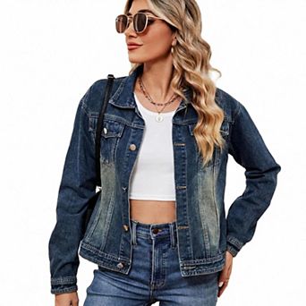 Women's Denim Jacket Long Sleeves Button Down Casual Jean Jacket with Pockets