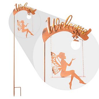 G128 Fairy Welcome Solar Lights Garden Stake for Outside, 50 in Metal Fairy Figurine Stake Decor