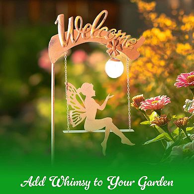 G128 Fairy Welcome Solar Lights Garden Stake for Outside, 50IN Metal Fairy Figurine Stake Decor