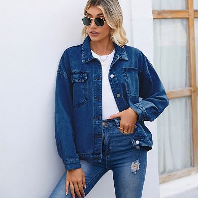 Women's Denim Jacket Long Sleeves Button Down Jean Jacket with Pockets