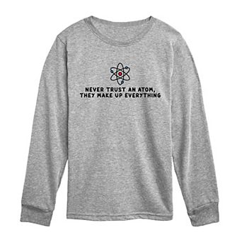 Boys 8-20 Never Trust an Atom Science Pun Long Sleeve Graphic Tee