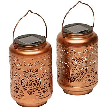 G128 2 Pack: Solar Owl Outdoor Lantern, Metal Waterproof Outdoor Hanging Lantern with LED Lights
