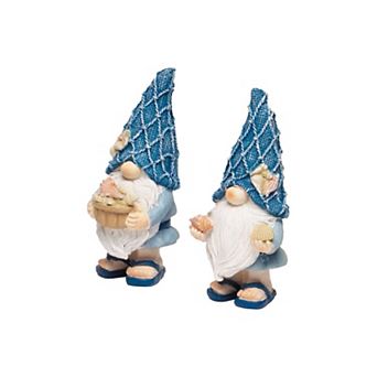 G128 Coastal Gnome Statue Set of 2, Beach Themed Seasonal Gnome Figurines for Home
