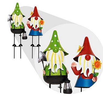 G128 Solar Gnome Garden Statues Set of 2, 18 in Metal Gnome Outdoor Decorations with LED Lights
