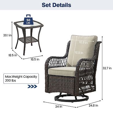 3-Piece Outdoor Rattan Chat Set, 2 Rotatable Chairs & Accent Table for Patio