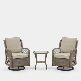 3 pc Outdoor Rattan Chat Set, 2 Rotatable Chairs & Accent Table for Patio