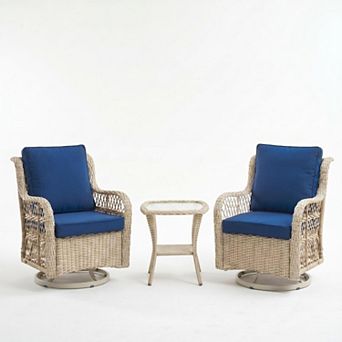 3 pc Outdoor Rattan Chat Set, 2 Rotatable Chairs & Accent Table for Patio