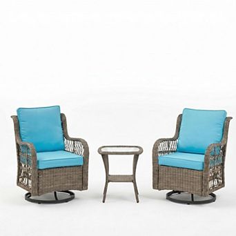 3 pc Outdoor Rattan Chat Set, 2 Rotatable Chairs & Accent Table for Patio