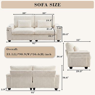 91" Corduroy Loveseat Sofa with Flip-Up Storage Armrests, Cup Holders, Side Pockets & Lumbar Pillows