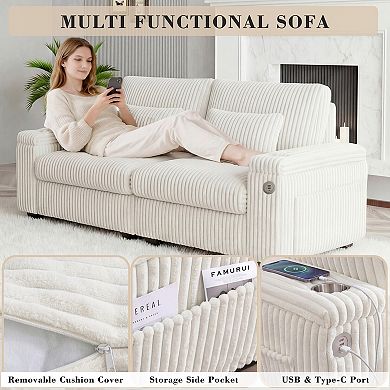 91" Corduroy Loveseat Sofa with Flip-Up Storage Armrests, Cup Holders, Side Pockets & Lumbar Pillows