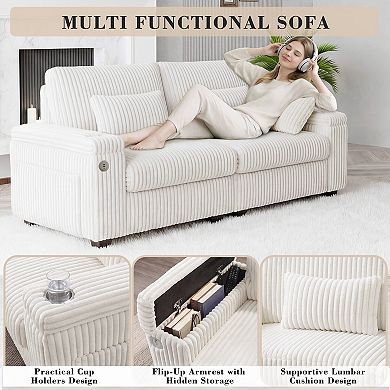 91" Corduroy Loveseat Sofa with Flip-Up Storage Armrests, Cup Holders, Side Pockets & Lumbar Pillows