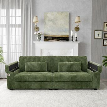 91" Corduroy Loveseat Sofa with Flip-Up Storage Armrests, Cup Holders, Side Pockets & Lumbar Pillows