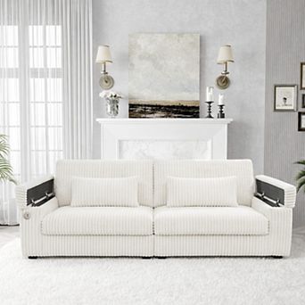 91" Corduroy Loveseat Sofa with Flip-Up Storage Armrests, Cup Holders, Side Pockets & Lumbar Pillows