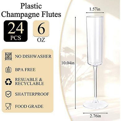 Great Ambitions 24-Pack 6oz Clear Plastic Champagne Flutes, Square Disposable Party Glasses