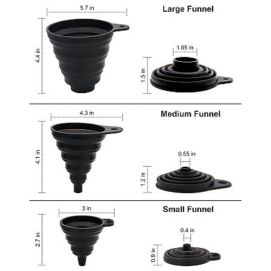 3 Pack Silicone Kitchen Funnel Set Collapsible Food Grade Bottle Funnel