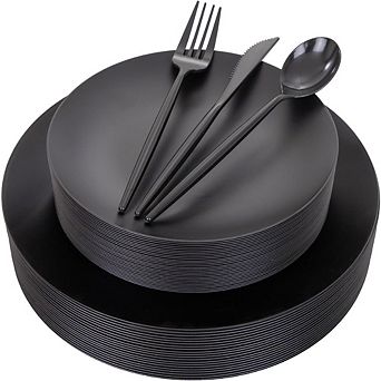 150-Pack Black Disposable Plates Set, 10.25" & 7.5" Heavy Duty Frosted Plastic with Silverware