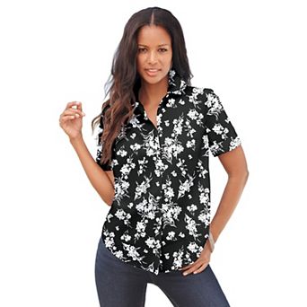 Roaman's Women's Plus Size Kate Short Sleeve Easy Cotton-Blend Button-Front Shirt