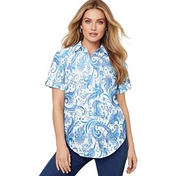 Roaman's Women's Plus Size Extended Plus Size Kate Short Sleeve Easy Cotton-Blend Button-Front Shirt